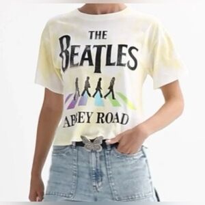 The Beatles Abbey Road Yellow & White Tie Dye Cropped Tee, Size Small